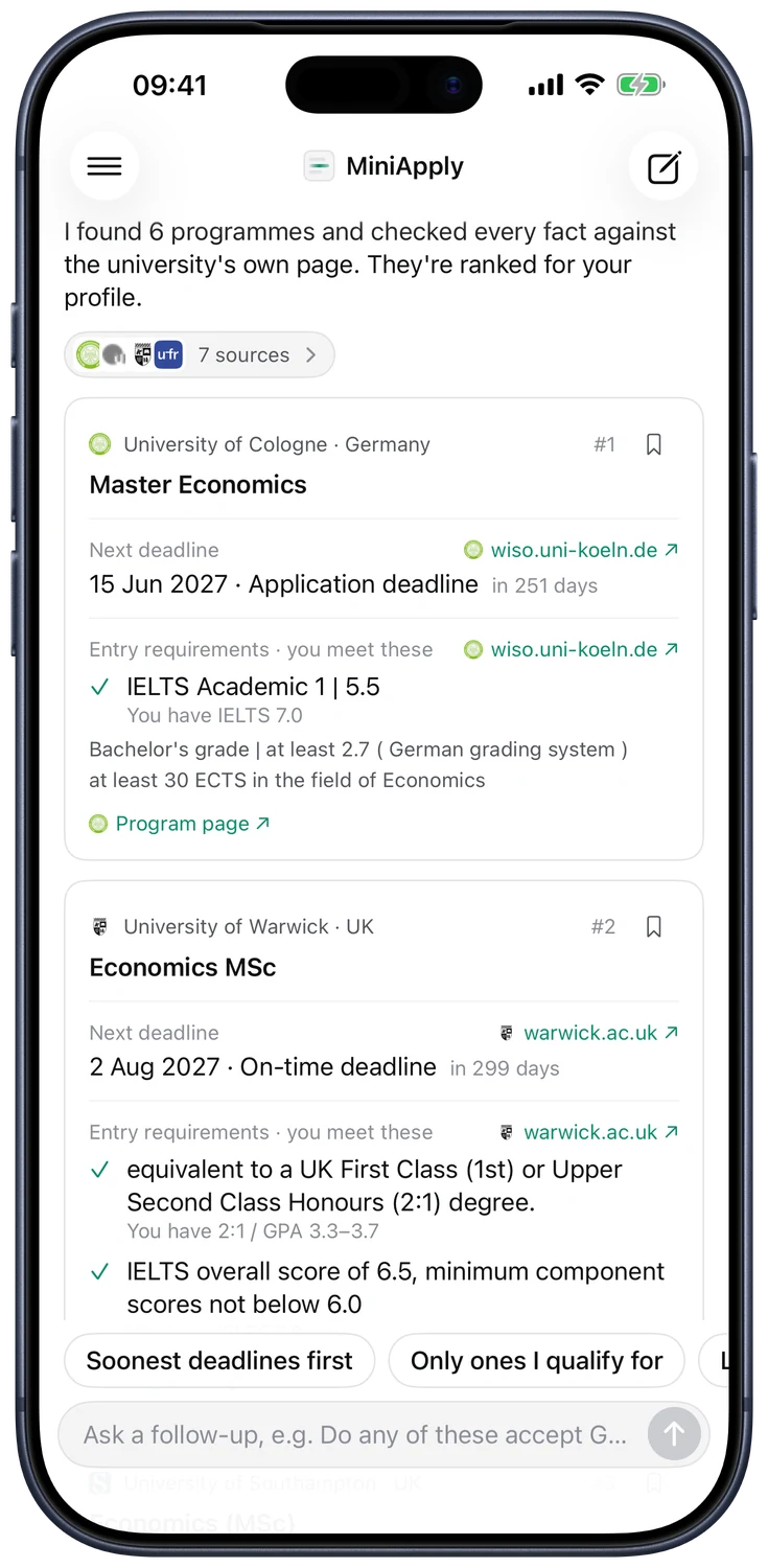 MiniApply showing Master's in Economics programmes at the University of Cologne and the University of Warwick, each deadline and requirement with a link to its page